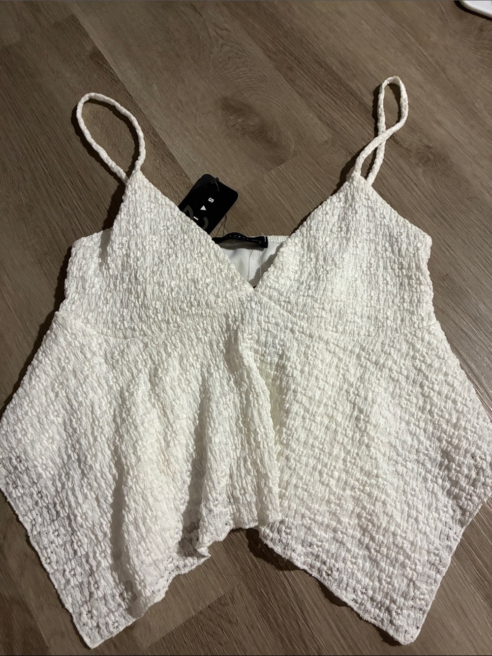 White Textured V-Neck Spaghetti Strap Crop Top